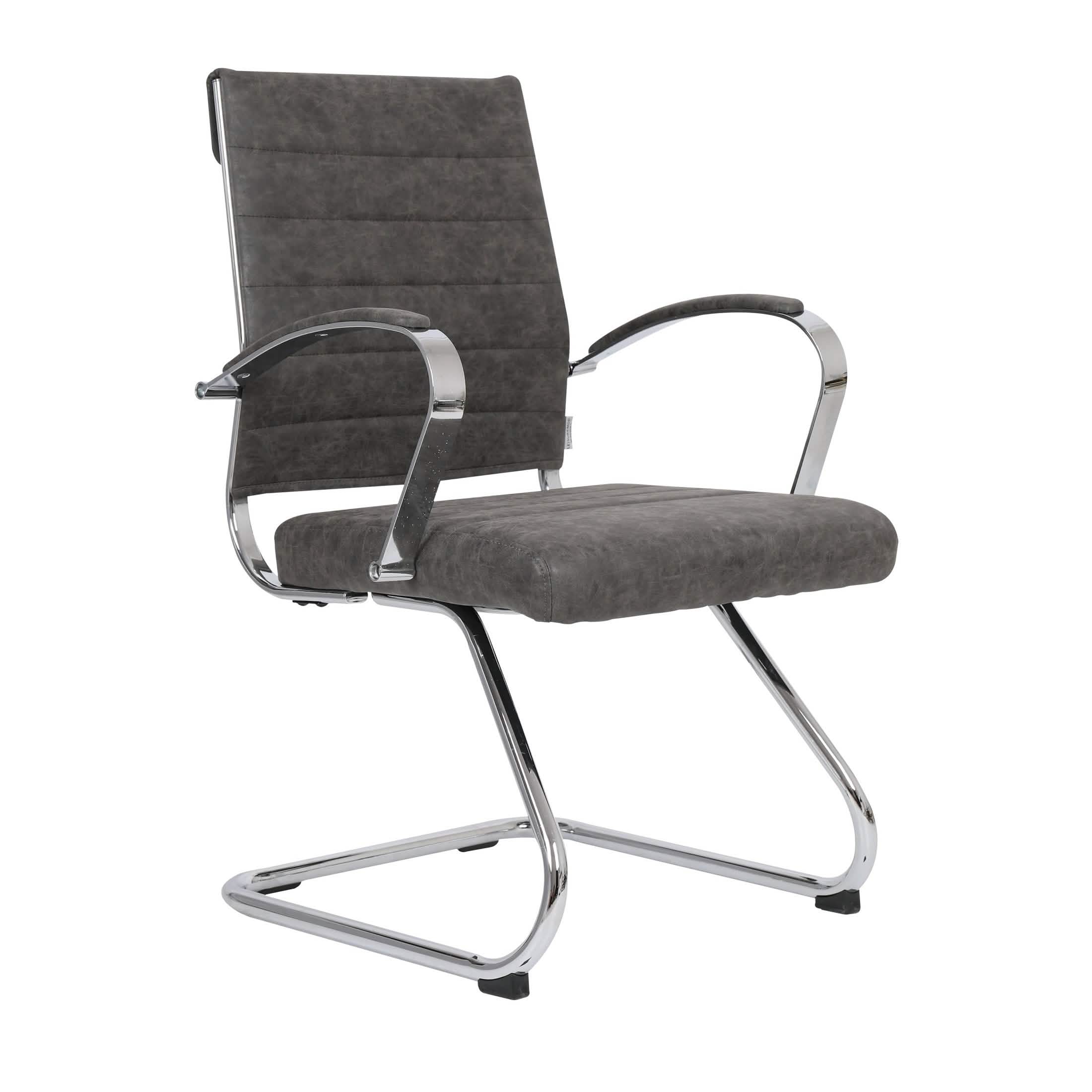 Benmar Mid-Back Office Conference Chair Upholstered in Leather with Stainless Steel Sled Base Charcoal Office Chair Leisuremod