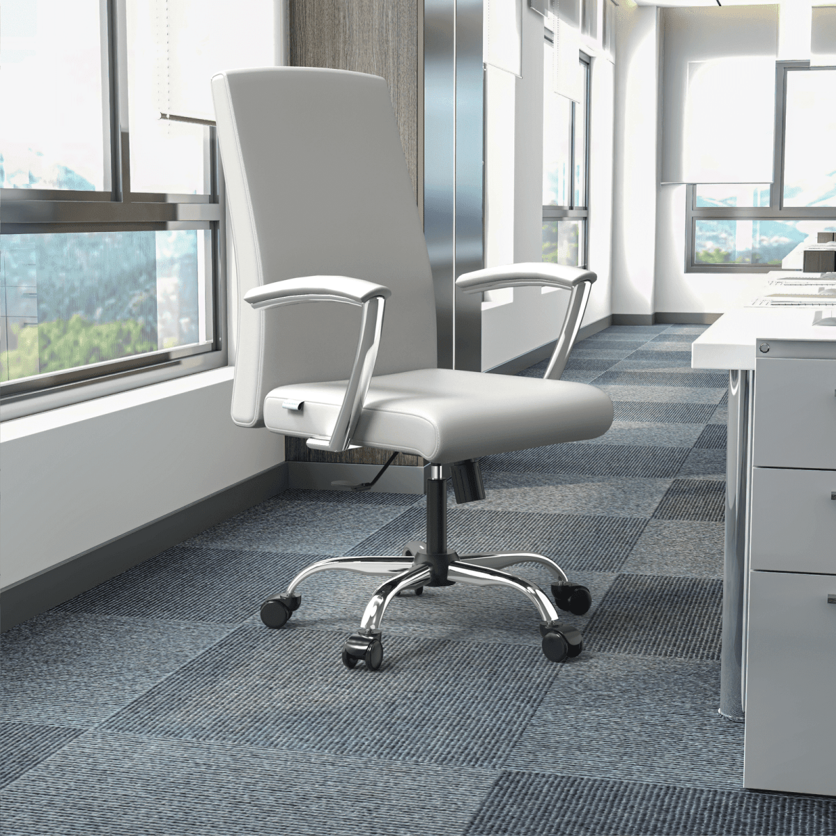 Evander Modern Swivel Office Chair in Leather with Adjustable Height and Silver Frame White Office Chair Leisuremod