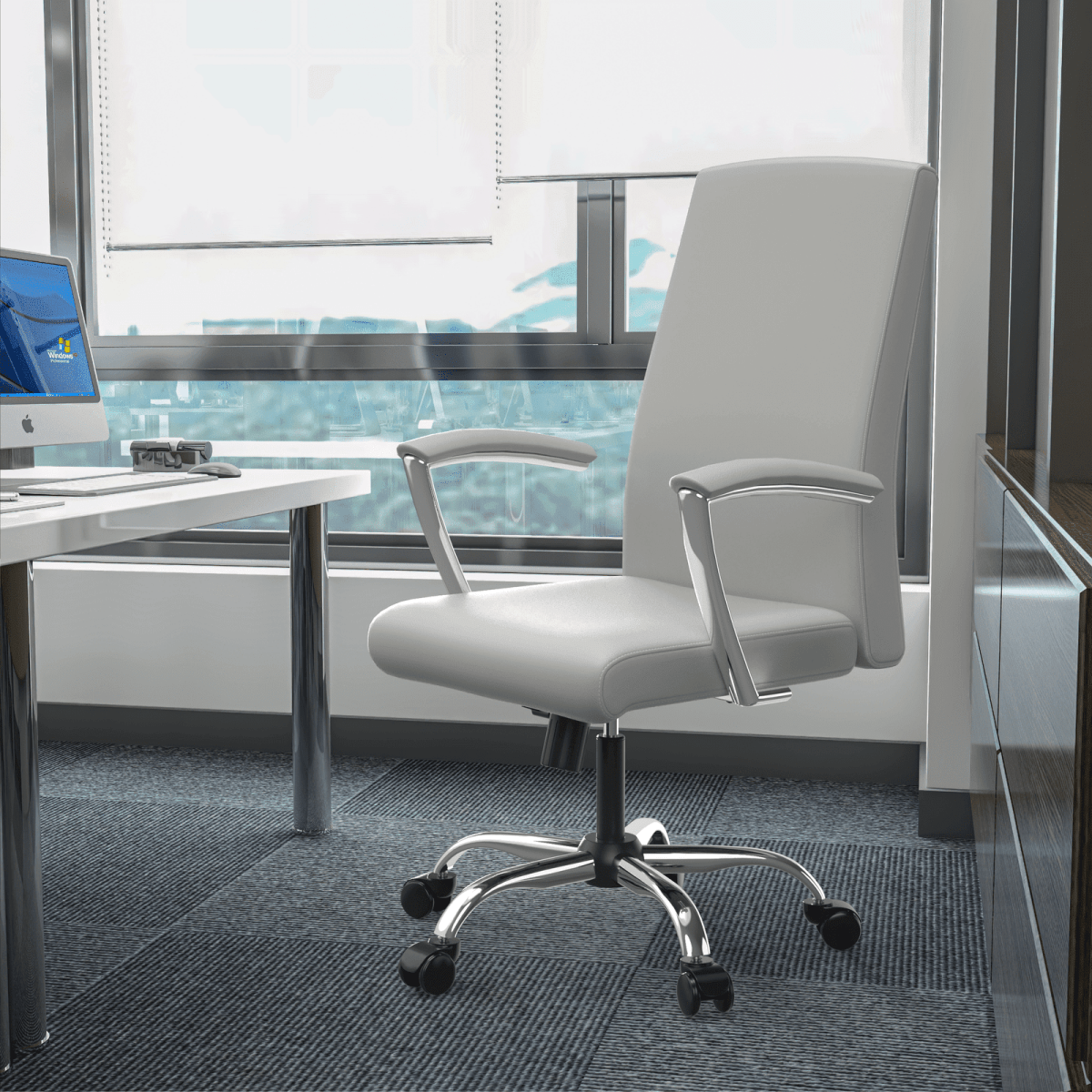 Evander Modern Swivel Office Chair in Leather with Adjustable Height and Silver Frame White Office Chair Leisuremod