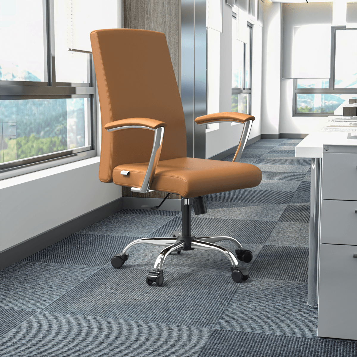 Evander Modern Swivel Office Chair in Leather with Adjustable Height and Silver Frame Acorn Brown Office Chair Leisuremod