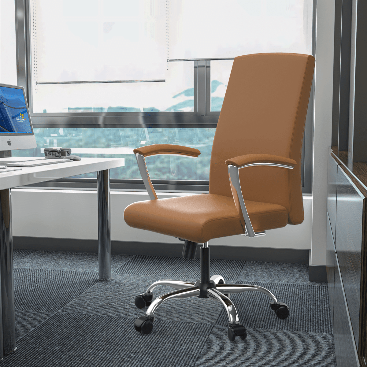 Evander Modern Swivel Office Chair in Leather with Adjustable Height and Silver Frame Acorn Brown Office Chair Leisuremod