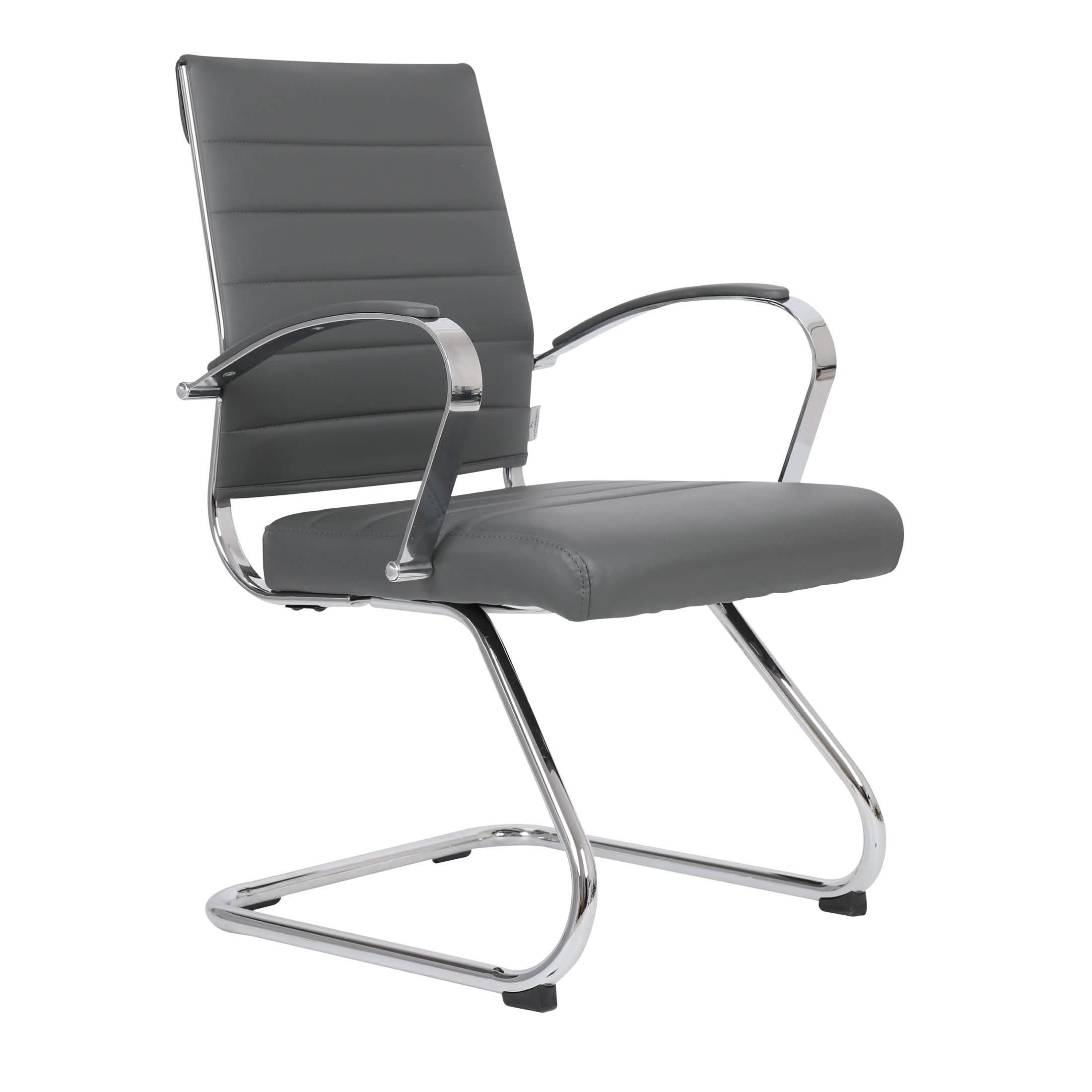 Benmar Mid-Back Office Conference Chair Upholstered in Leather with Stainless Steel Sled Base Grey Office Chair Leisuremod