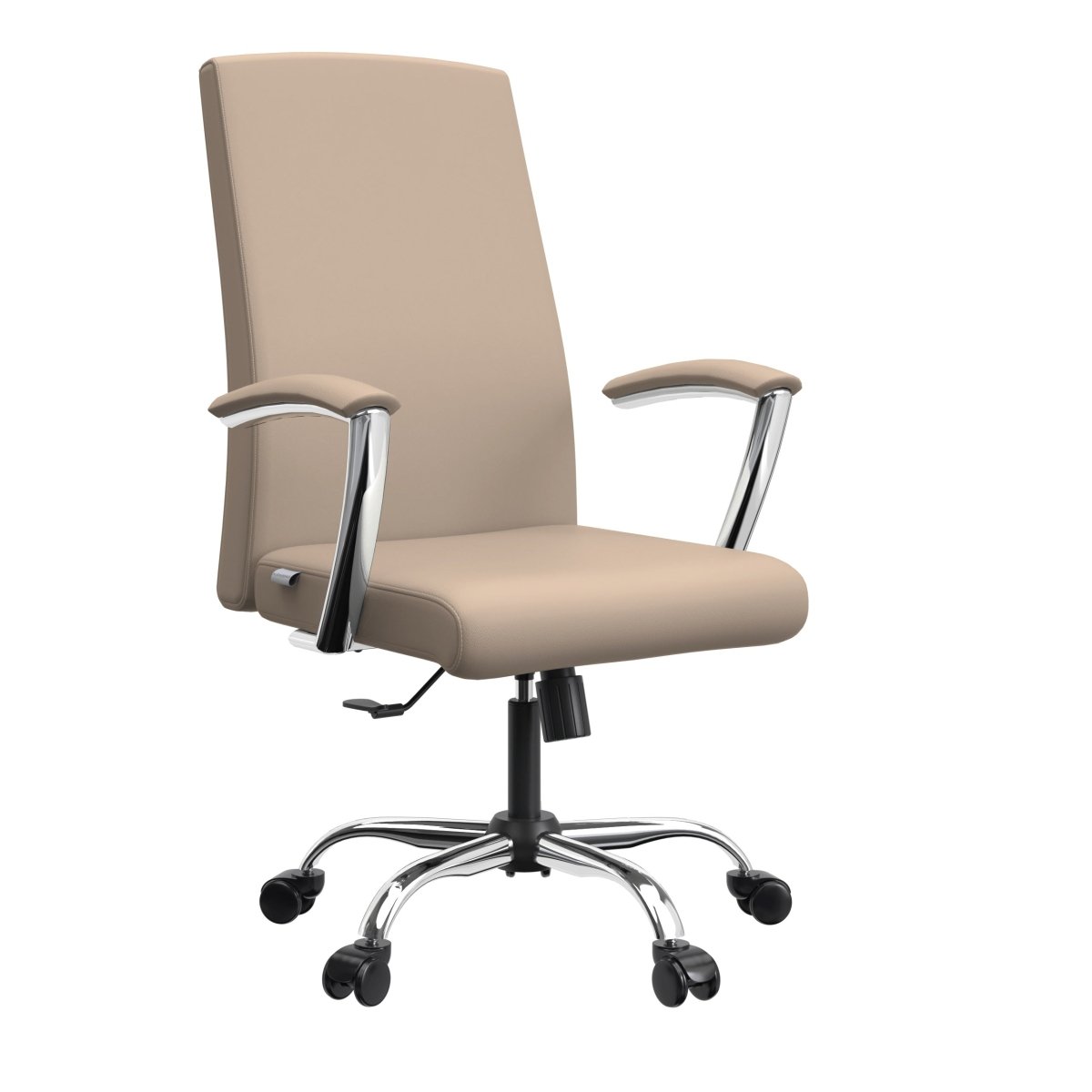 Evander Modern Swivel Office Chair in Leather with Adjustable Height and Silver Frame Taupe Office Chair Leisuremod