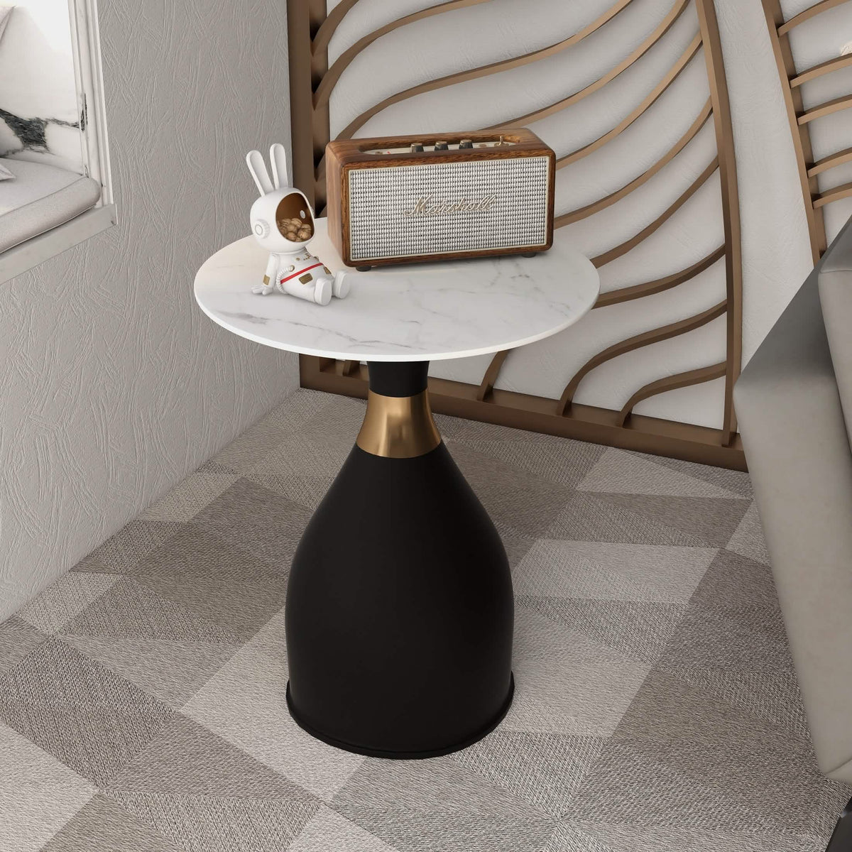 Bento Sintered Stone Top Side Table Round Accent Table Indoor Nightstand with Stainless Steel Black Side Table LeisureMod