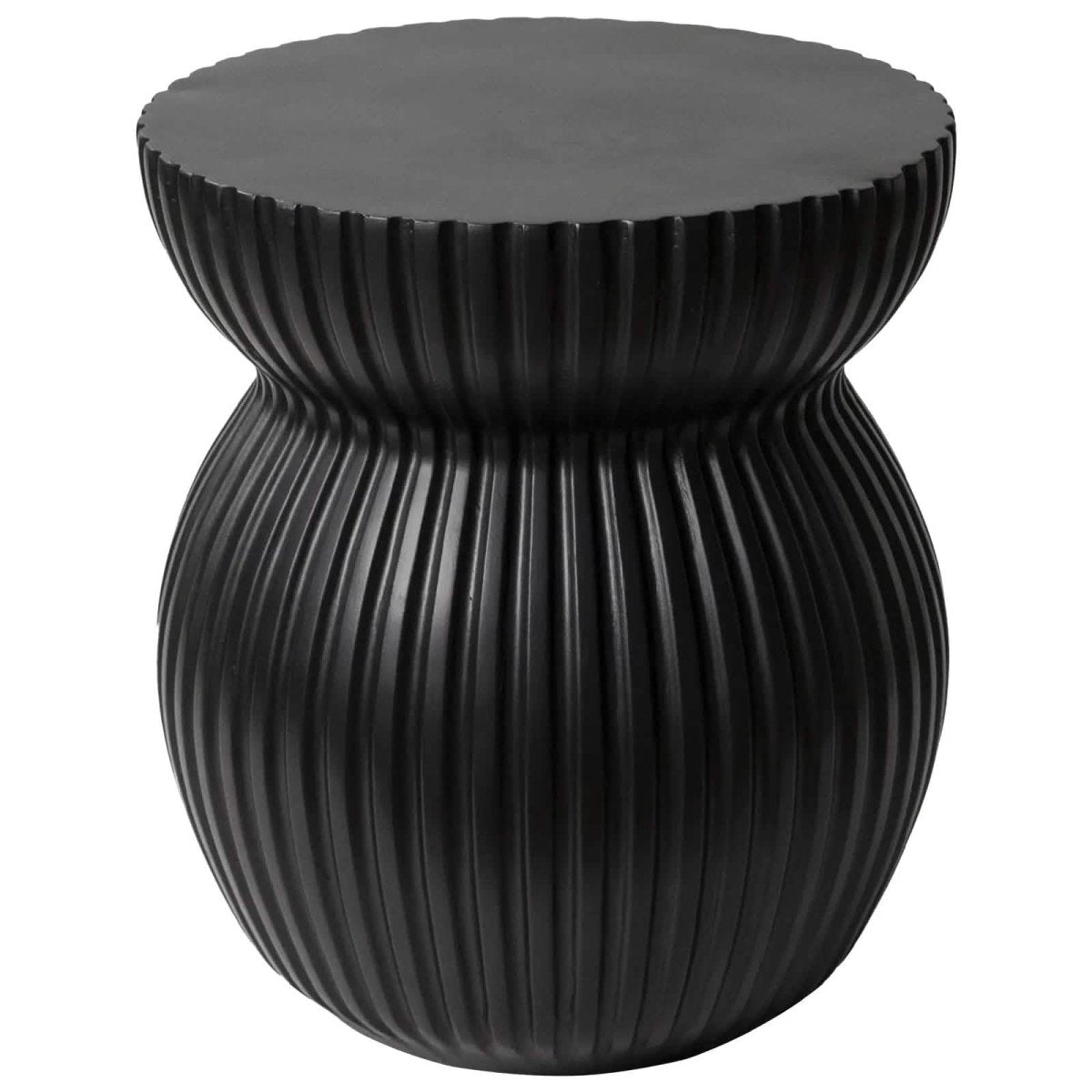 Mander Fiberstone Side Table with Ribbed Hourglass Design for Indoor and Outdoor Black Side Table Leisuremod