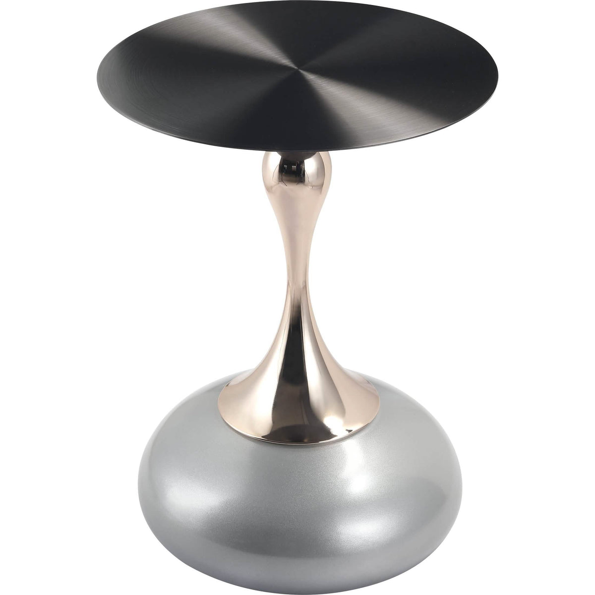 Savoy Wide Side Table with Stainless Steel Top Round Accent Table and Elegant Pedestal Base Black Silver Side Table LeisureMod
