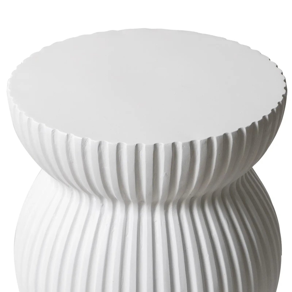 Mander Fiberstone Side Table with Ribbed Hourglass Design for Indoor and Outdoor White Side Table Leisuremod