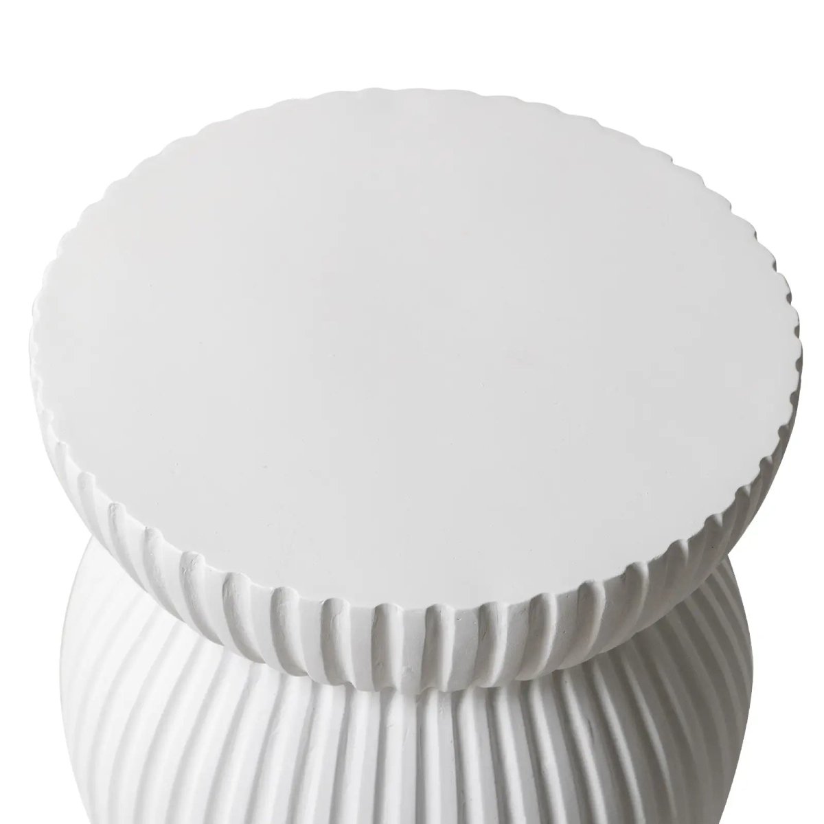 Mander Fiberstone Side Table with Ribbed Hourglass Design for Indoor and Outdoor White Side Table Leisuremod