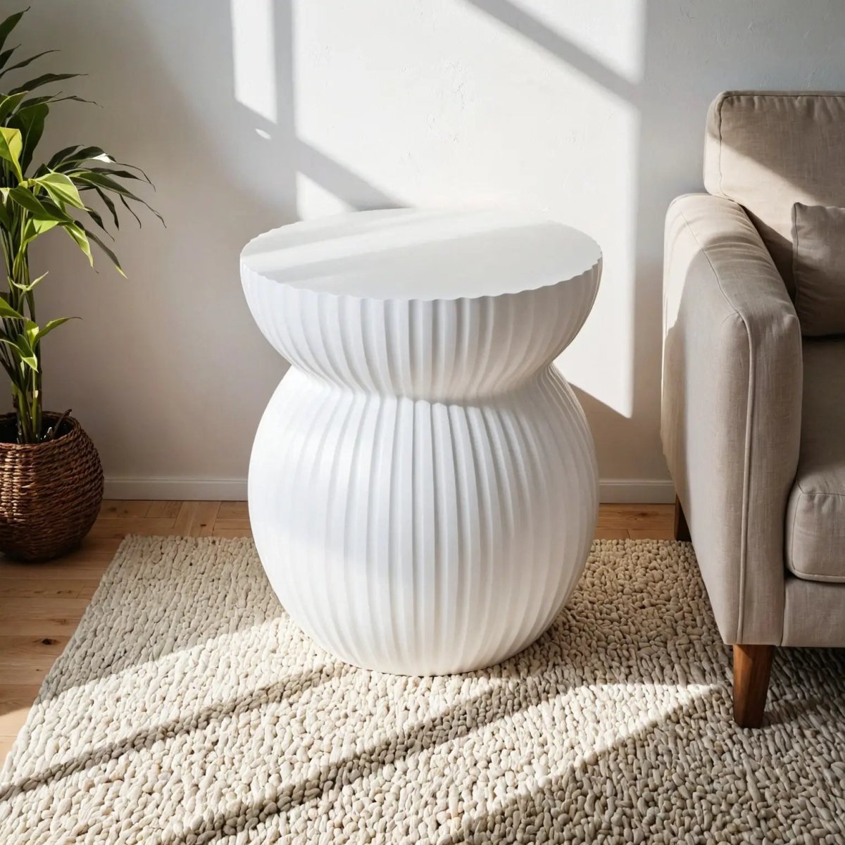 Mander Fiberstone Side Table with Ribbed Hourglass Design for Indoor and Outdoor White Side Table Leisuremod