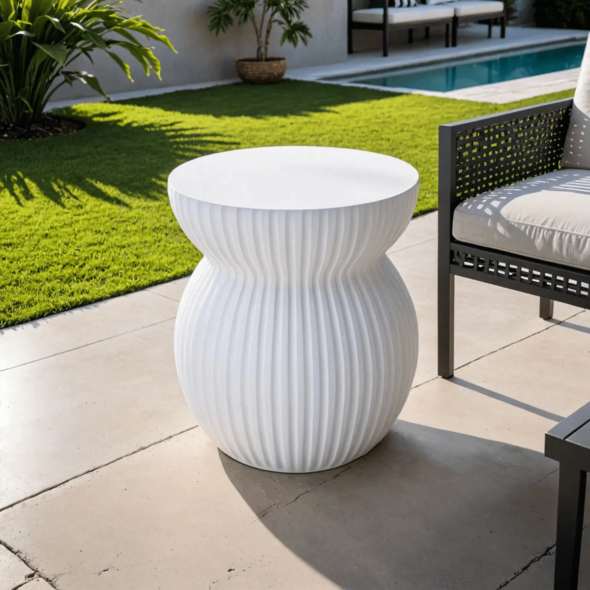 Mander Fiberstone Side Table with Ribbed Hourglass Design for Indoor and Outdoor White Side Table Leisuremod