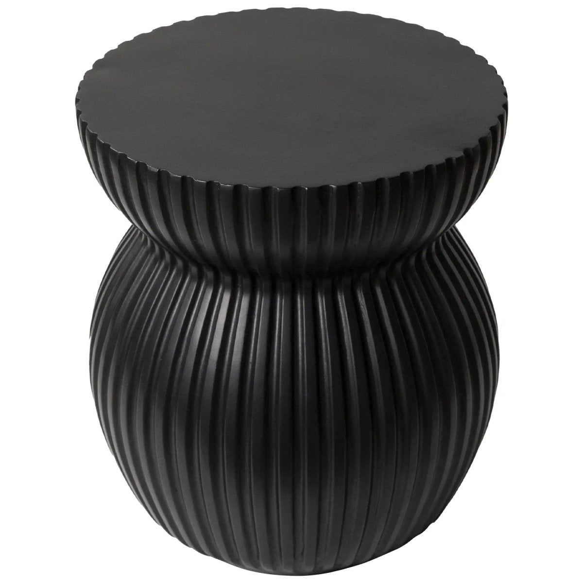 Mander Fiberstone Side Table with Ribbed Hourglass Design for Indoor and Outdoor Black Side Table Leisuremod
