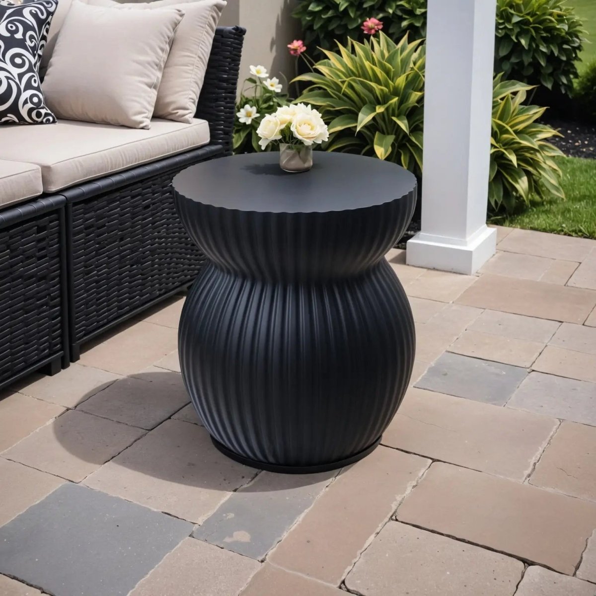 Mander Fiberstone Side Table with Ribbed Hourglass Design for Indoor and Outdoor Black Side Table Leisuremod