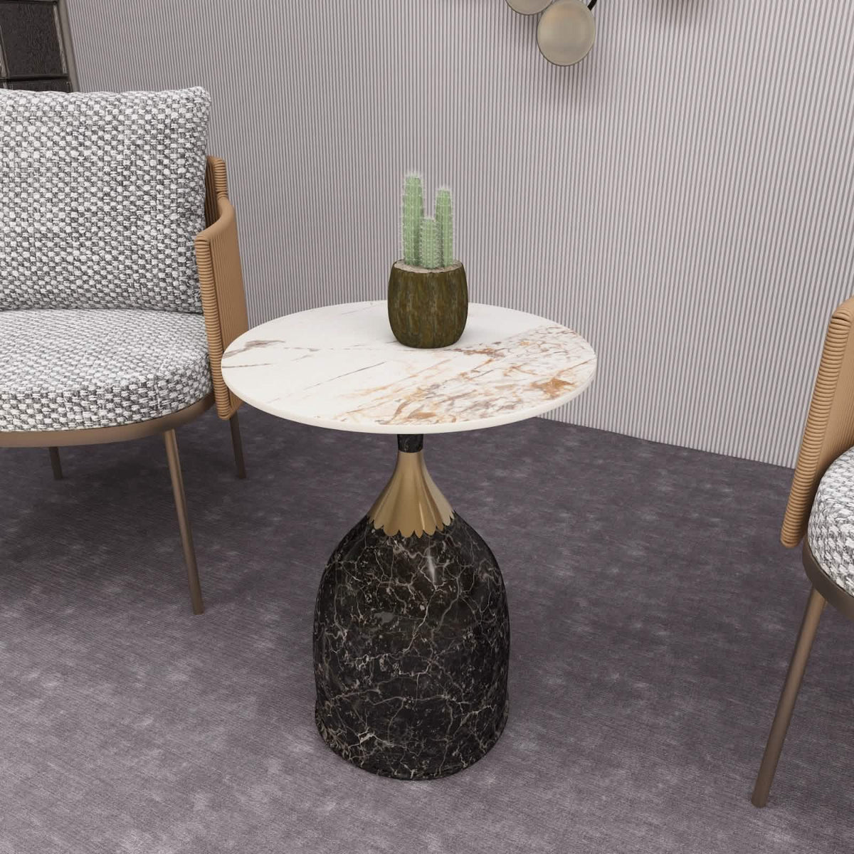 Oslo Side Table Round Sintered Stone with Stainless Steel Base Marbled Brown Side Table LeisureMod