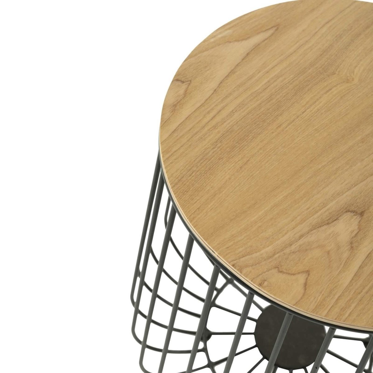 Runswick Round End Table Wood Tabletop With Steel Drum Base for Storage Natural Wood Side Table Leisuremod