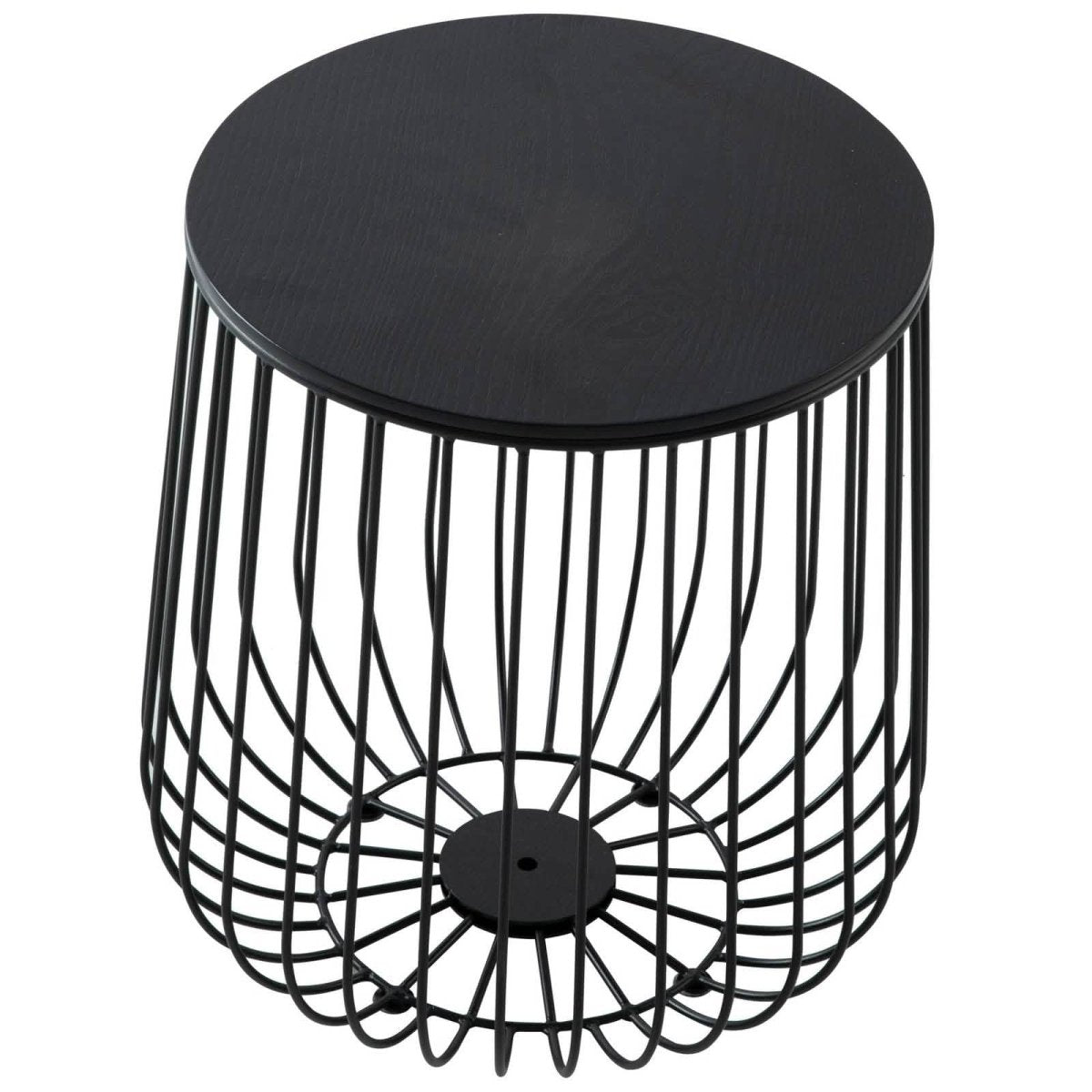Runswick Round End Table Wood Tabletop With Steel Drum Base for Storage Black Side Table Leisuremod