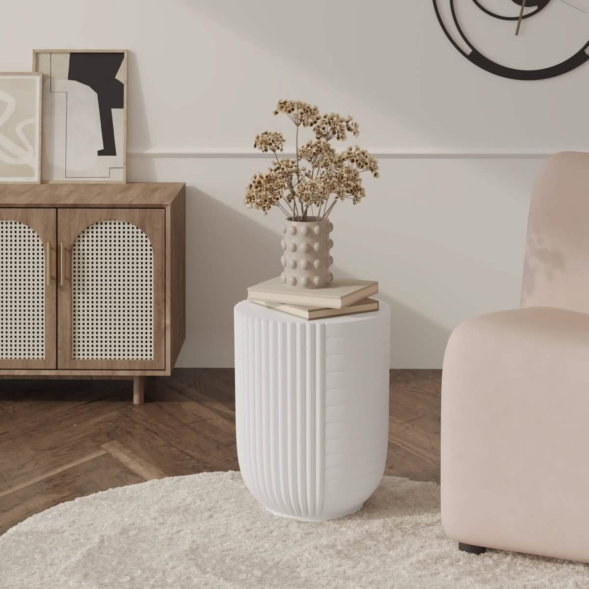 Trove 14" Wide Round Side Fiberstone Table With Ribbed Design White Side Table Leisuremod