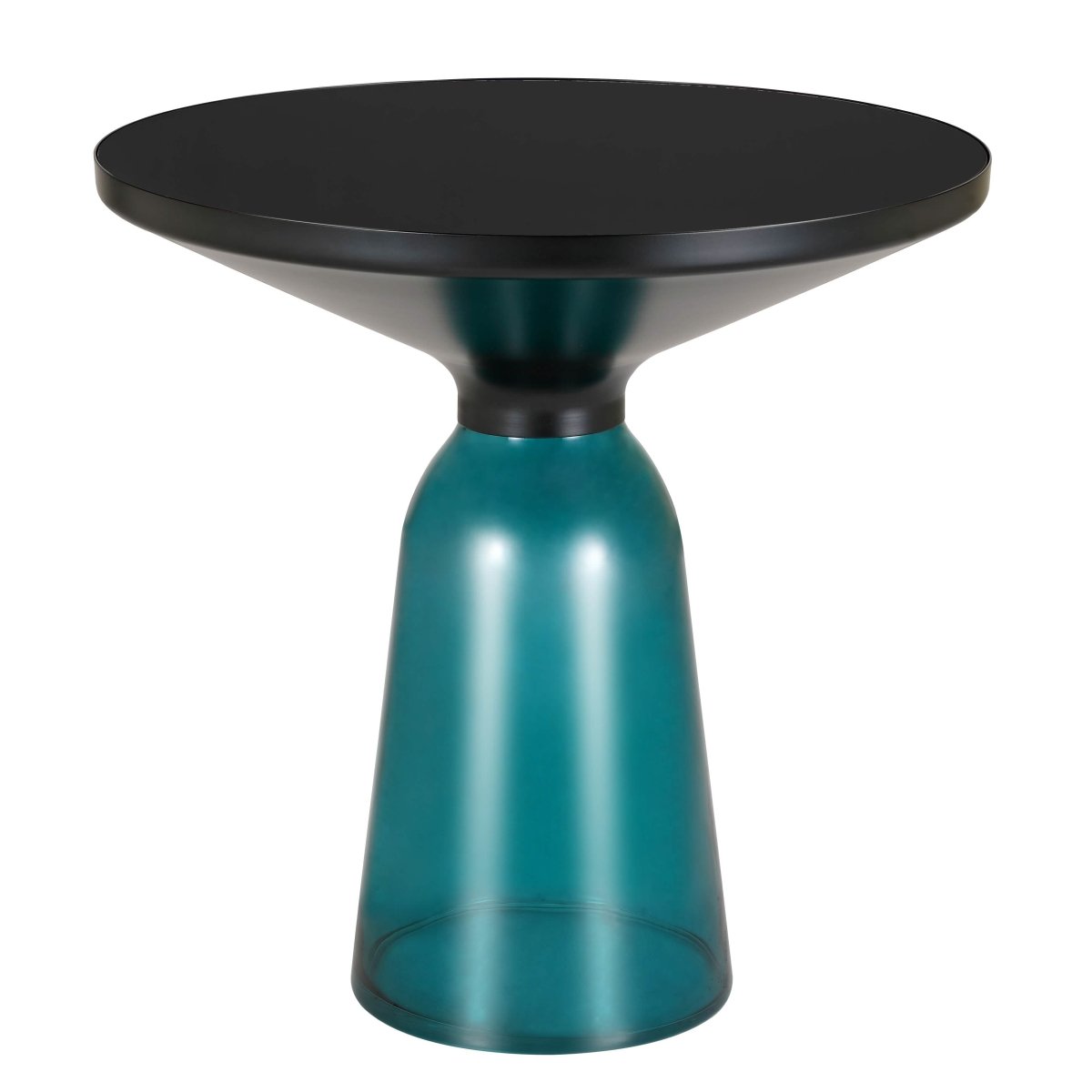 Tully 19-Inch Round Glass/Stone Side Table with Iron Rim Frame and Glass Base Black Glass Blue Black Side Table Leisuremod