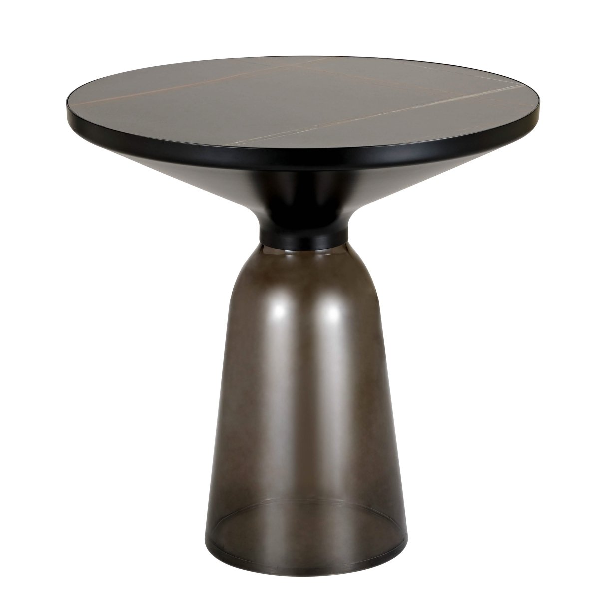 Tully 19-Inch Round Glass/Stone Side Table with Iron Rim Frame and Glass Base Black Glass Grey Black Side Table Leisuremod