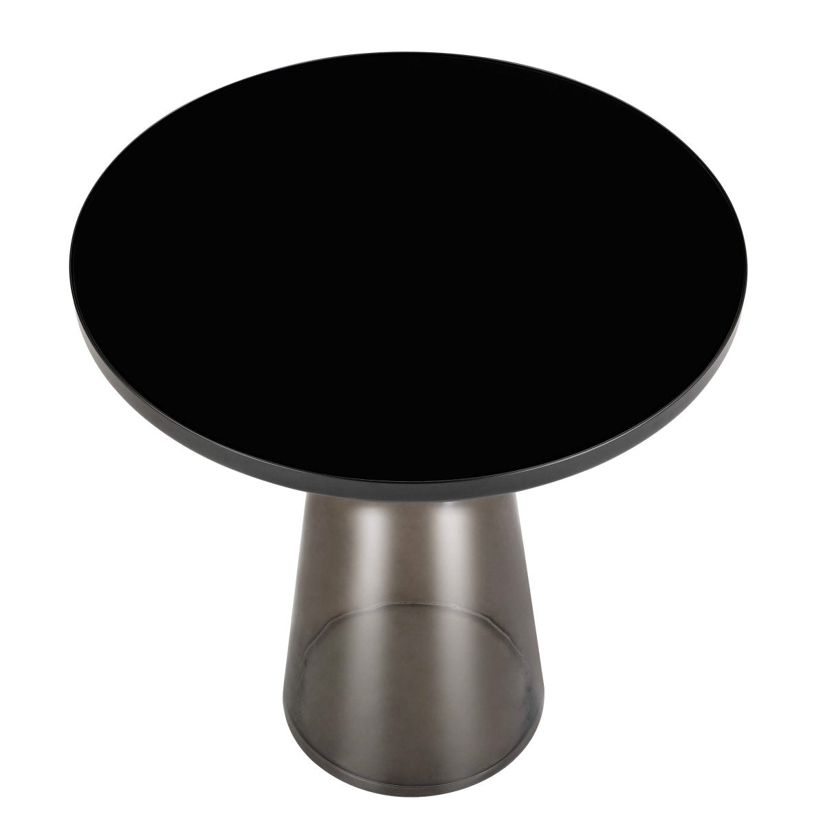 Tully 19-Inch Round Glass/Stone Side Table with Iron Rim Frame and Glass Base Black Glass Grey Black Side Table Leisuremod