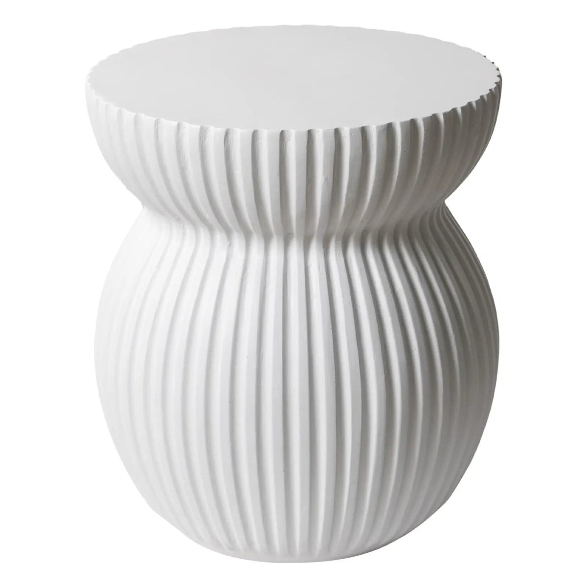 Mander Fiberstone Side Table with Ribbed Hourglass Design for Indoor and Outdoor White Side Table Leisuremod