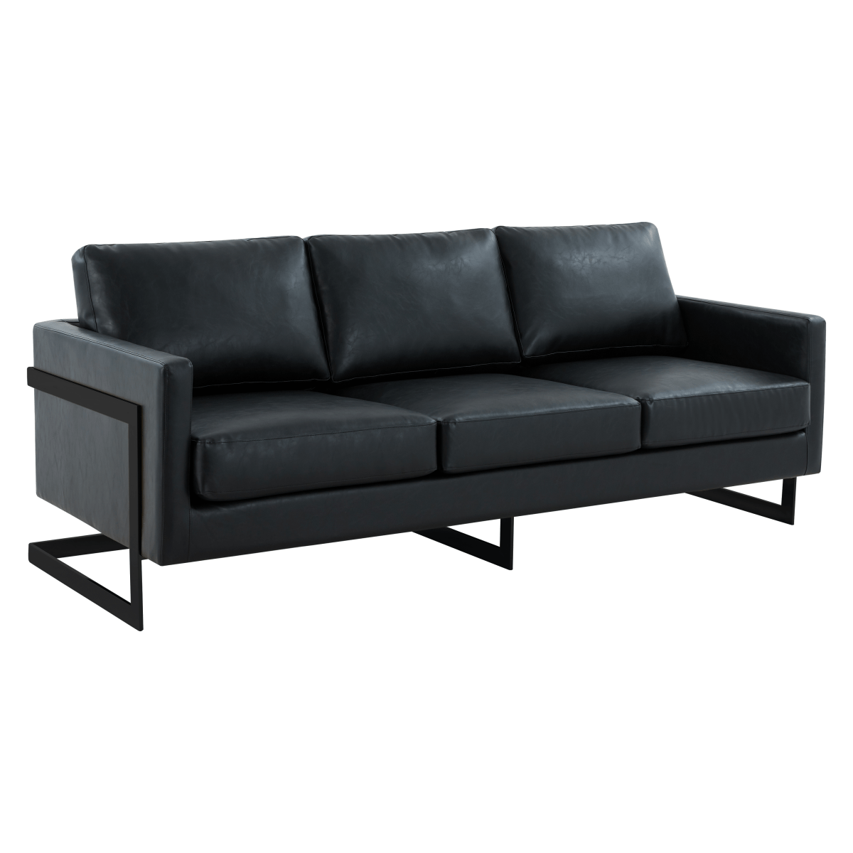 Lincoln 3-Seater Sofa Upholstered in Velvet/Leather with Black/Silver/Gold Steel Base Leather Black Black Sofa LeisureMod