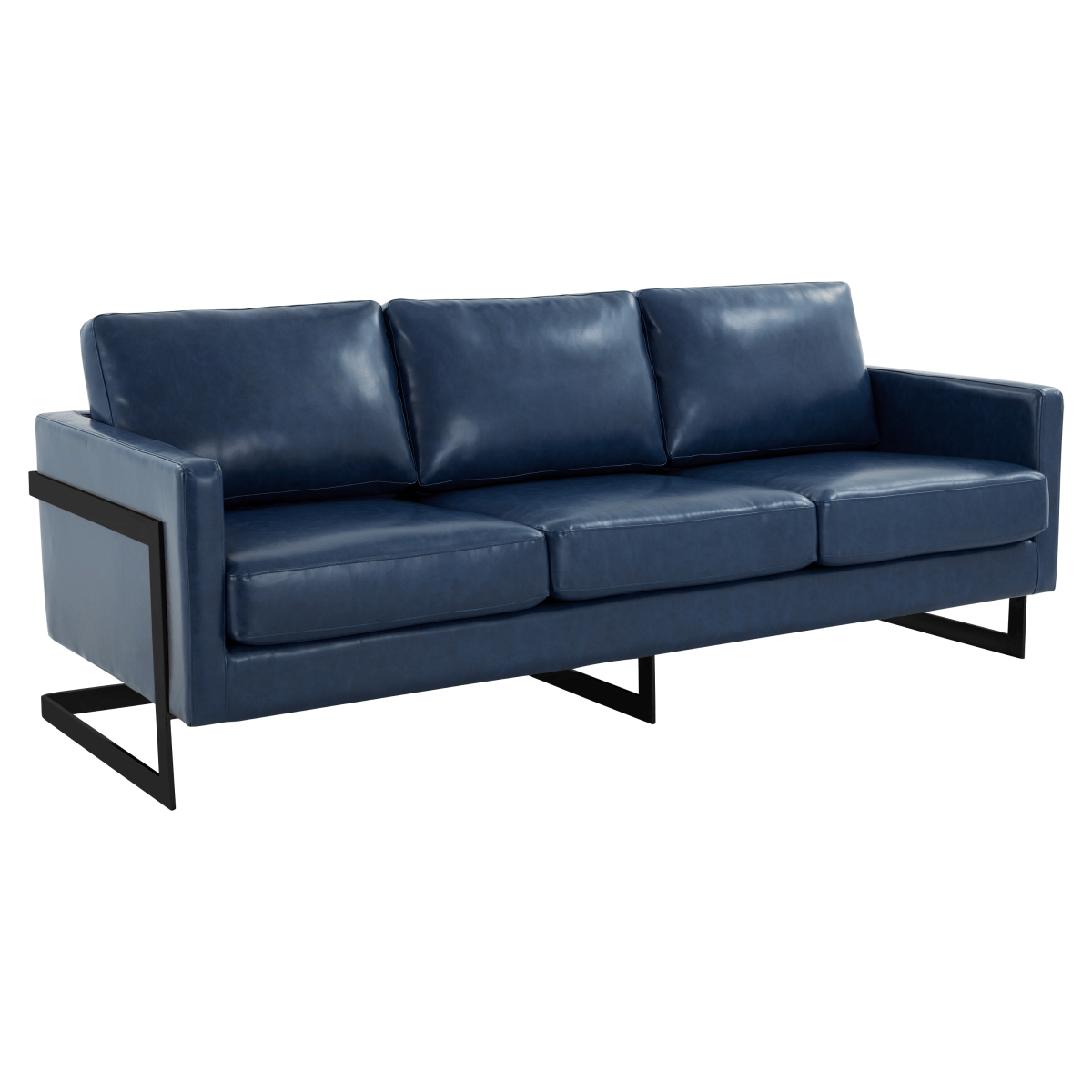 Lincoln 3-Seater Sofa Upholstered in Velvet/Leather with Black/Silver/Gold Steel Base Leather Black Blue Sofa LeisureMod
