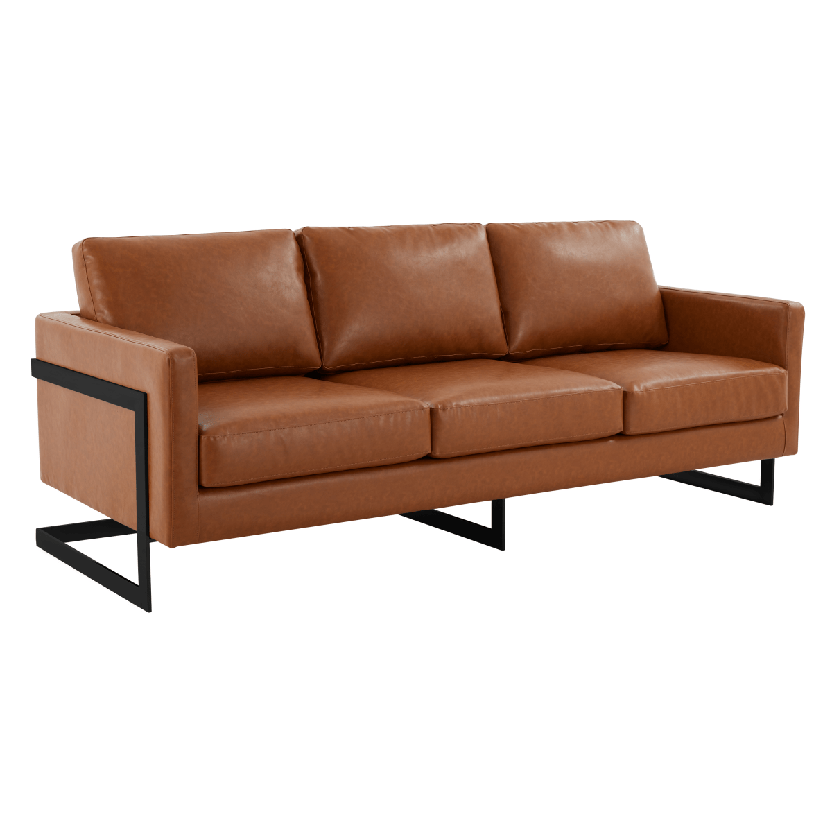 Lincoln 3-Seater Sofa Upholstered in Velvet/Leather with Black/Silver/Gold Steel Base Leather Black Brown Sofa LeisureMod