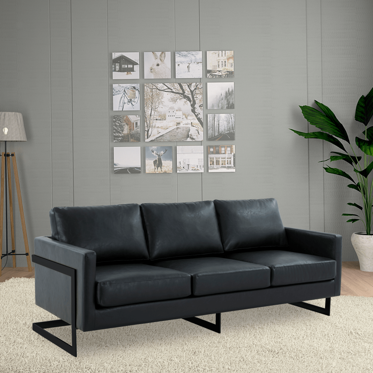 Lincoln 3-Seater Sofa Upholstered in Velvet/Leather with Black/Silver/Gold Steel Base Leather Black Black Sofa LeisureMod