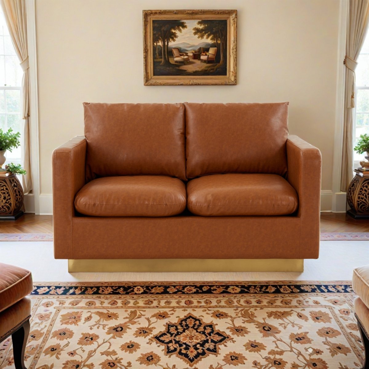 Nervo Upholstered Velvet/Leather Loveseat with Gold Stainless Steel Base Leather Cognac Tan Sofa Leisuremod