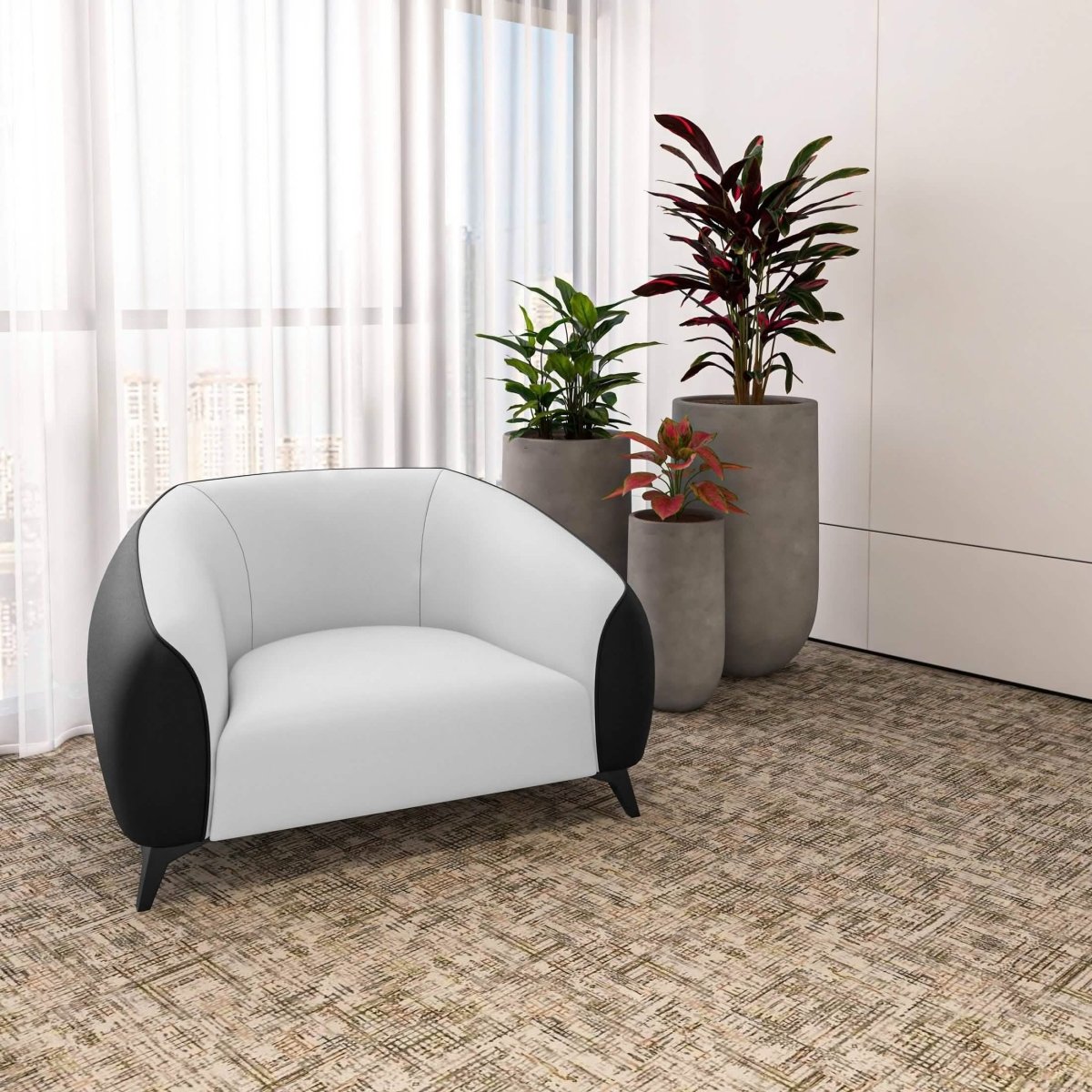 Opula Single-Seater Leather Sofa Accent Armchair with Stainless Steel Legs Black White Sofa Leisuremod