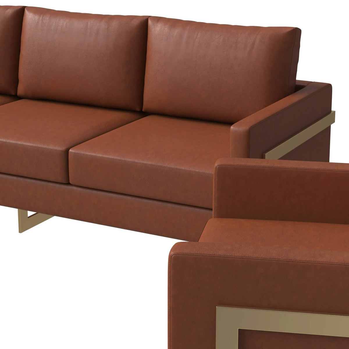 Lincoln 3-Piece Sofa Set Upholstered in Leather/Velvet Accent Chair with Gold Stainless Steel Frame Leather Cognac Tan Sofa Set Leisuremod