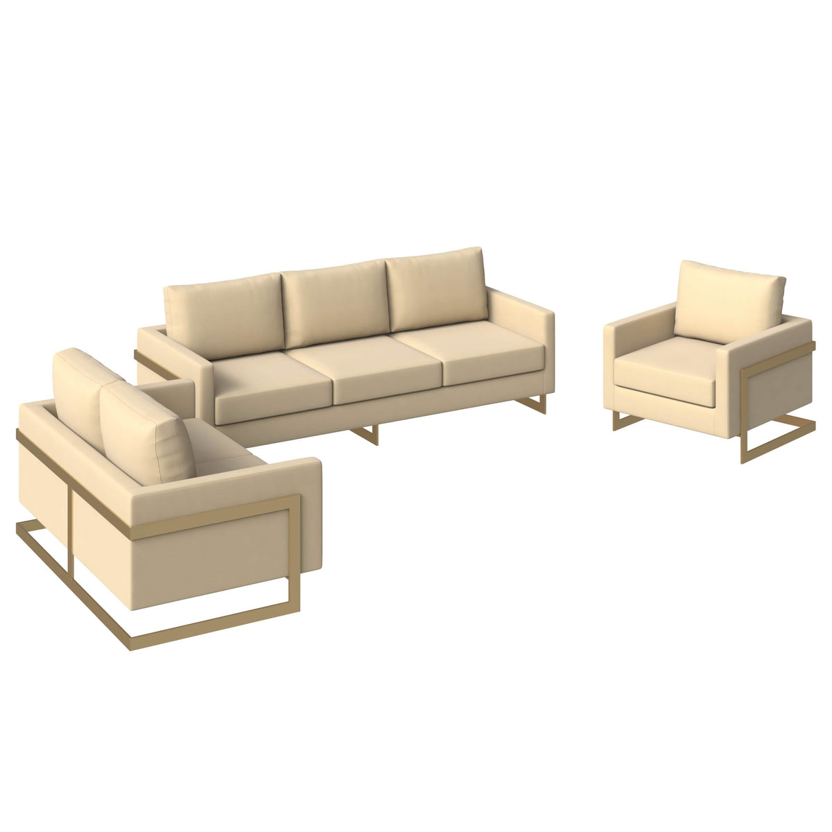 Lincoln 3-Piece Sofa Set Upholstered in Leather/Velvet Accent Chair with Gold Stainless Steel Frame Velvet Beige Sofa Set Leisuremod