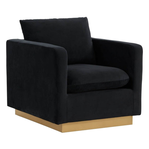 Nervo Upholstered in Velvet/Leather Singe-Seater Sofa with Gold Base Velvet Midnight Black Sofa Leisuremod
