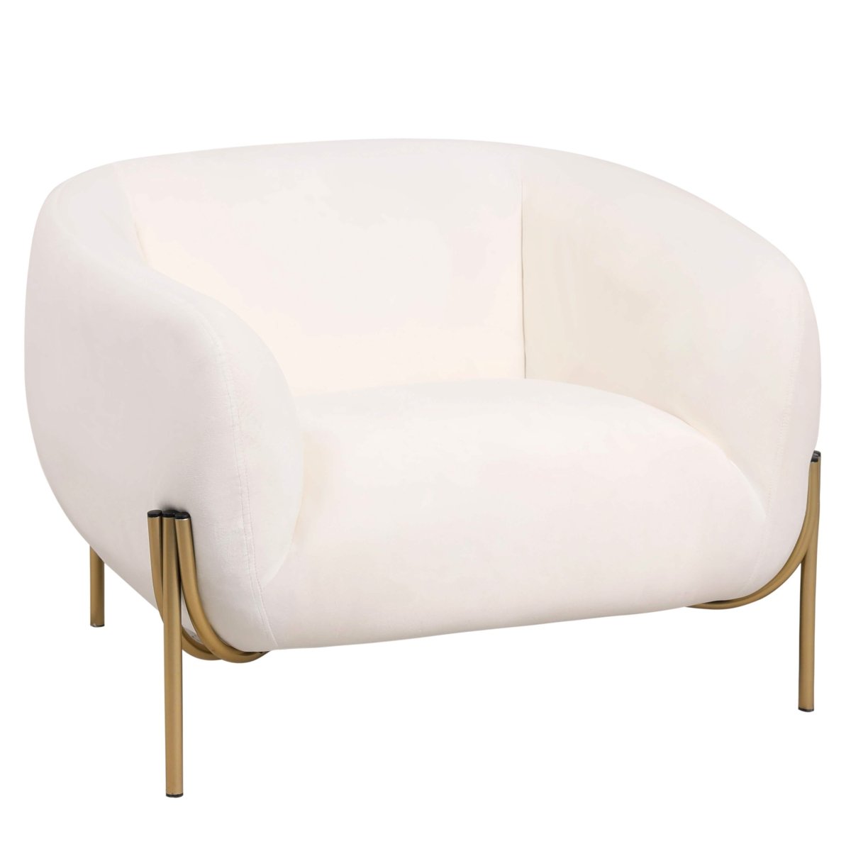 Zuno Upholstered Single Seater Sofa in Velvet with Gold Iron Legs White Sofa Leisuremod