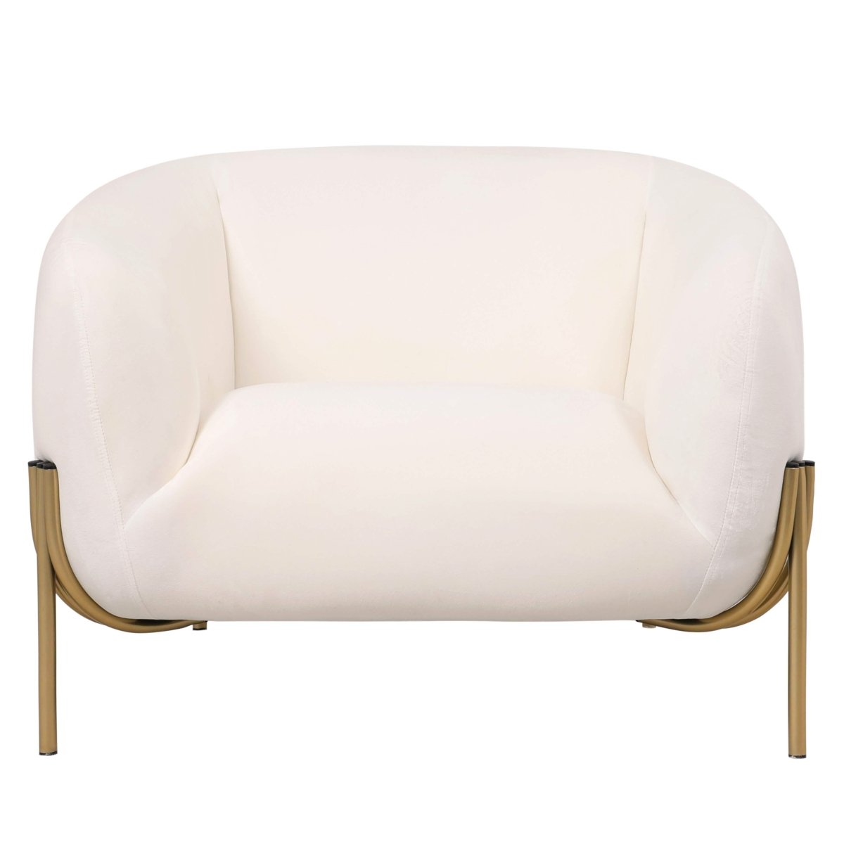 Zuno Upholstered Single Seater Sofa in Velvet with Gold Iron Legs White Sofa Leisuremod