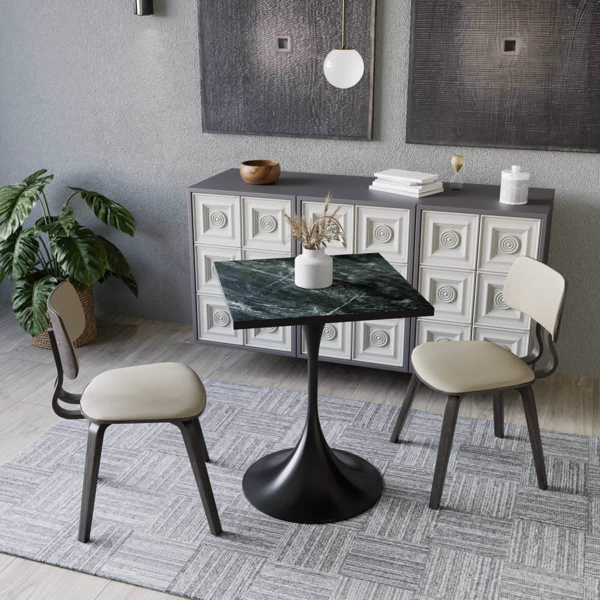 Verve Collection 24"Square Dining Table, Black/White/Brushed Gold Base with MDF Top 27 Inch Black Black Wood Dining Table Leisuremod