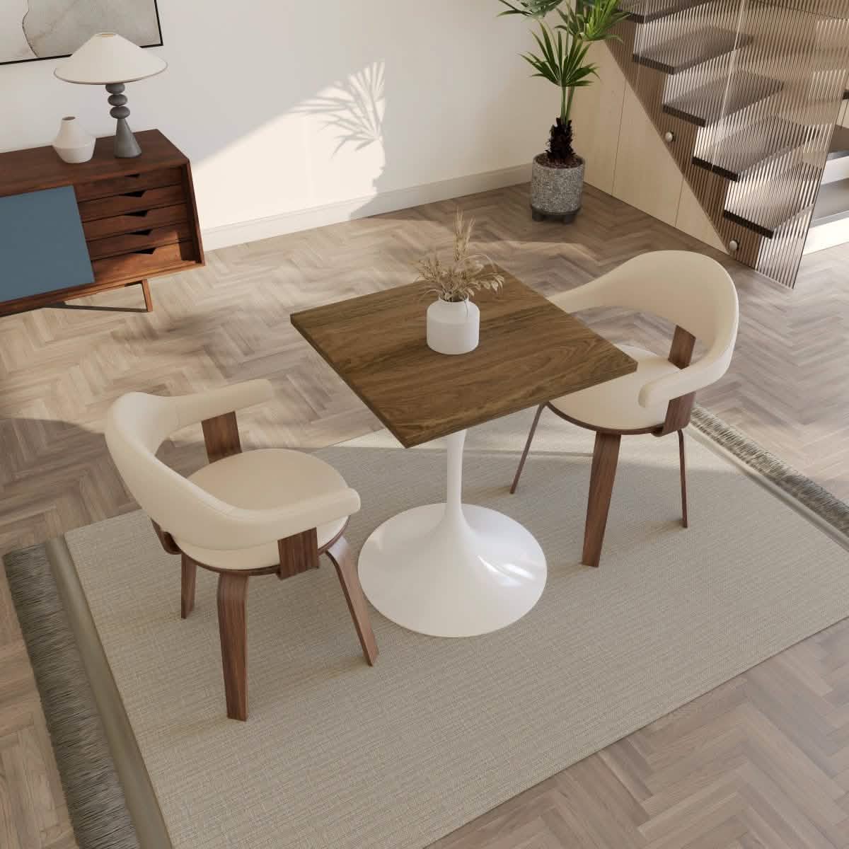 Verve Collection 24"Square Dining Table, Black/White/Brushed Gold Base with MDF Top 27 Inch White Dark Maple Wood Dining Table Leisuremod