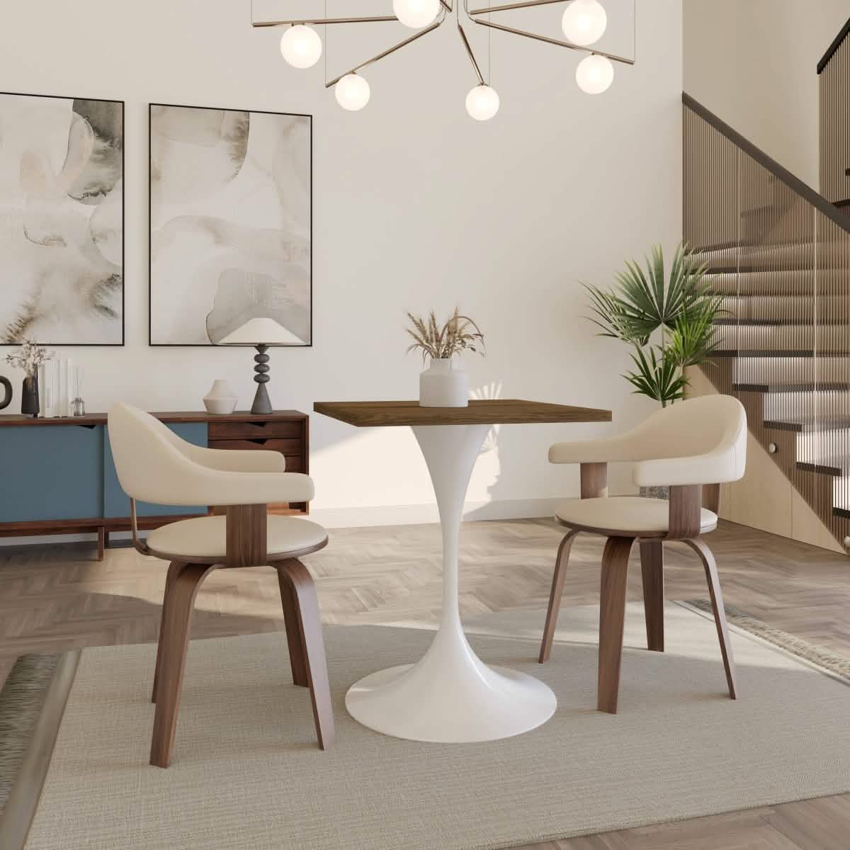 Verve Collection 24"Square Dining Table, Black/White/Brushed Gold Base with MDF Top 27 Inch White Dark Maple Wood Dining Table Leisuremod