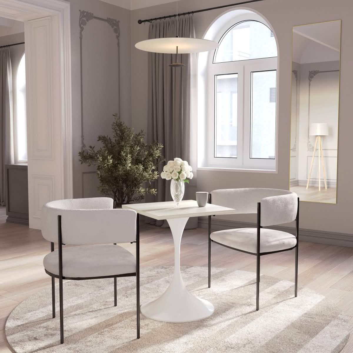 Verve Collection 24"Square Dining Table, Black/White/Brushed Gold Base with MDF Top 27 Inch White Light Natural Wood Dining Table Leisuremod