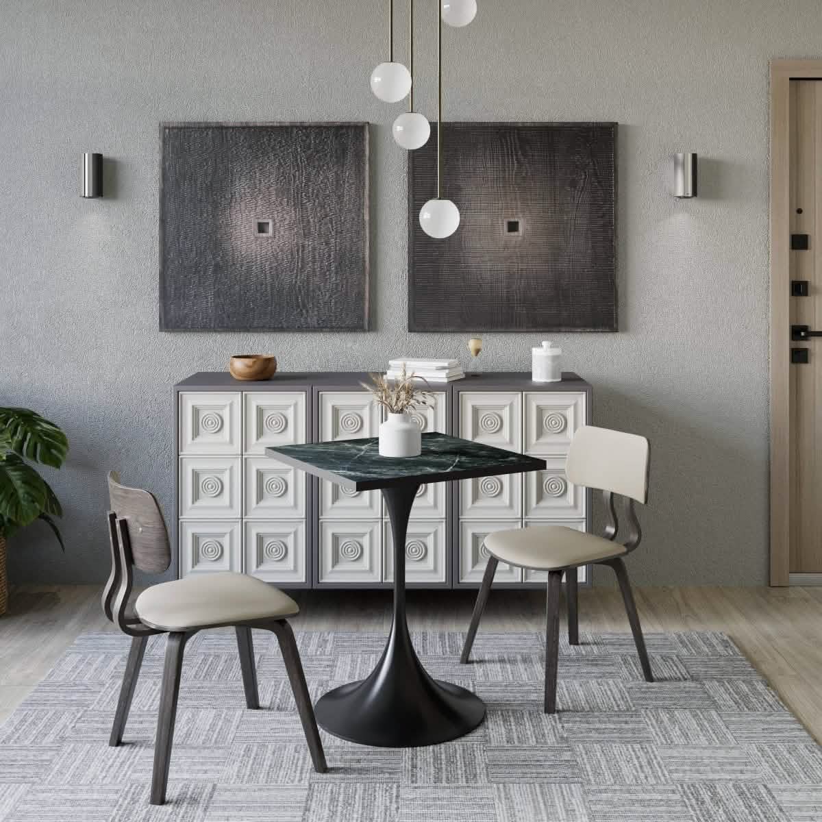 Verve Collection 24"Square Dining Table, Black/White/Brushed Gold Base with MDF Top 27 Inch Black Black Wood Dining Table Leisuremod