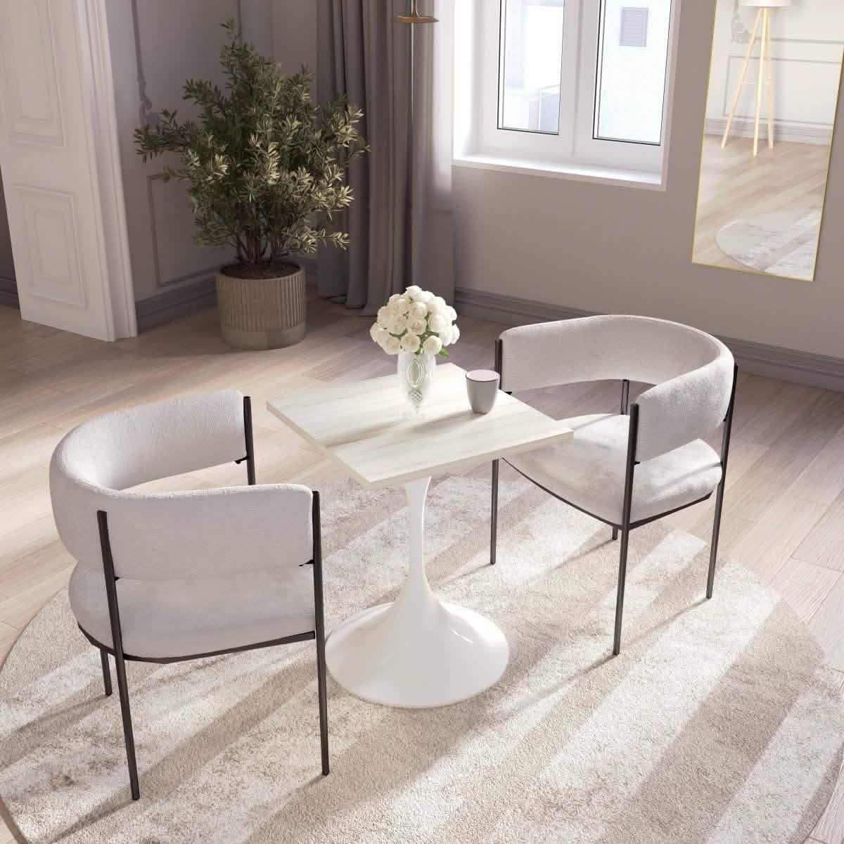 Verve Collection 24"Square Dining Table, Black/White/Brushed Gold Base with MDF Top 27 Inch White Light Natural Wood Dining Table Leisuremod