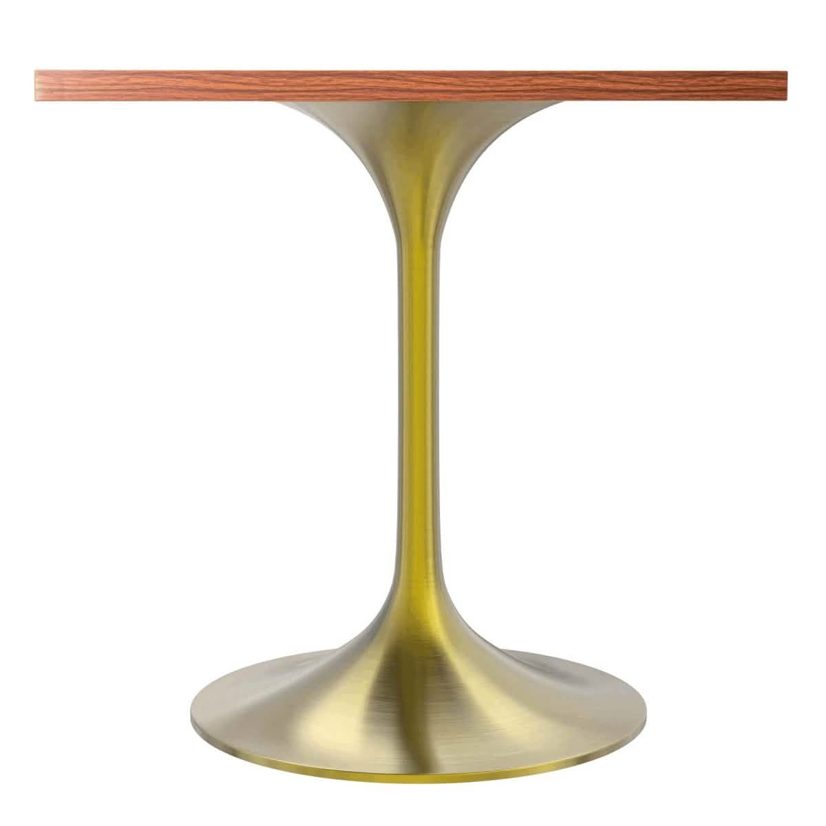 Verve Collection 24"Square Dining Table, Black/White/Brushed Gold Base with MDF Top 27 Inch Brushed Gold Cognac Brown Wood Dining Table Leisuremod
