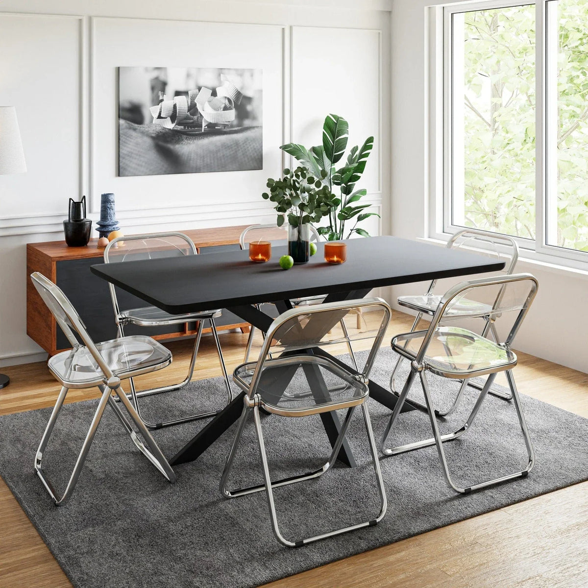 Lawrence 7-Piece Dining Set: Folding Acrylic Chairs & Rectangular Wood Table with Geometric Base - Elax Furniture
