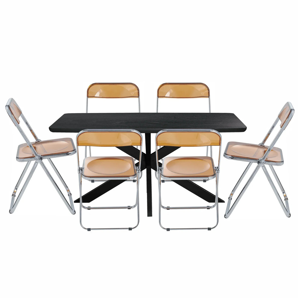 Lawrence 7-Piece Dining Set: Folding Acrylic Chairs & Rectangular Wood Table with Geometric Base - Elax Furniture