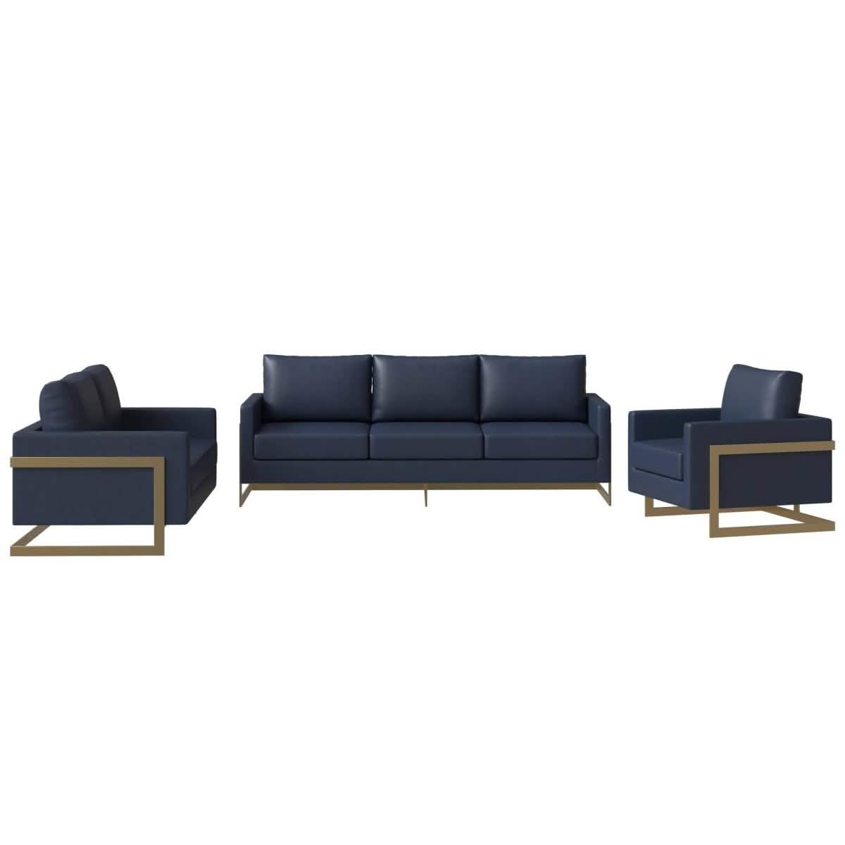 Lincoln 3-Piece Sofa Set Upholstered in Leather/Velvet Accent Chair with Gold Stainless Steel Frame Leather Navy Blue Sofa Set Leisuremod