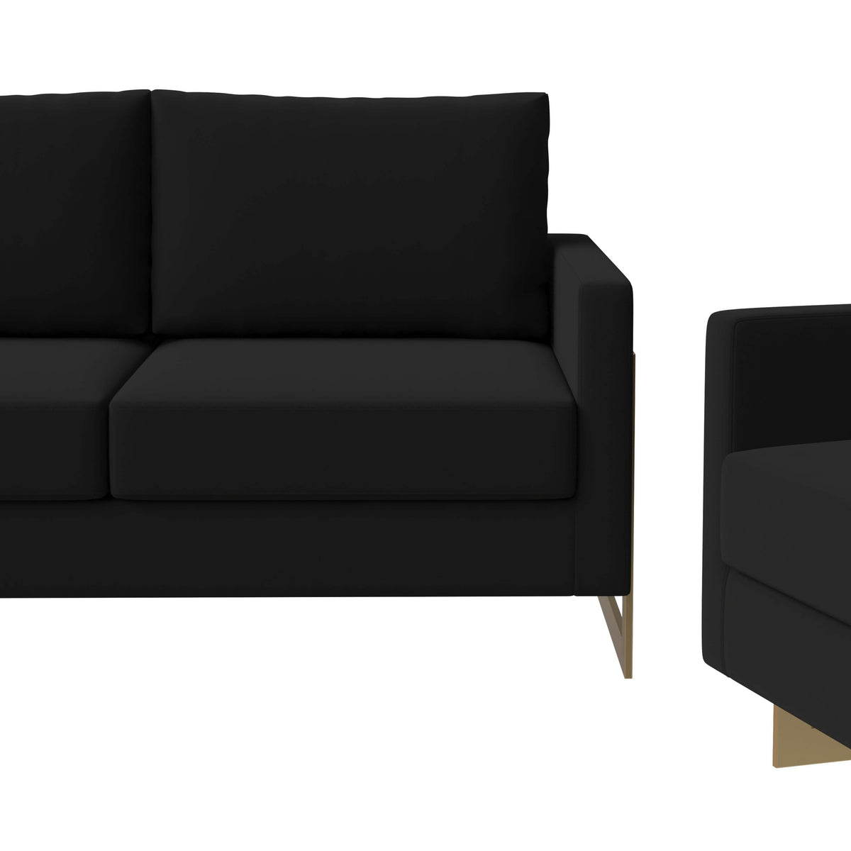 Lincoln 3-Piece Sofa Set Upholstered in Leather/Velvet Accent Chair with Gold Stainless Steel Frame Velvet Midnight Black Sofa Set Leisuremod