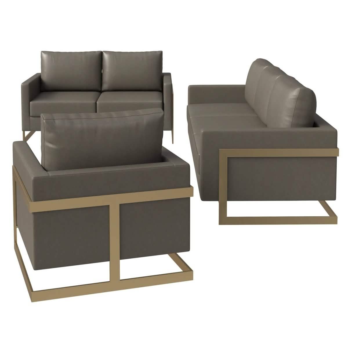 Lincoln 3-Piece Sofa Set Upholstered in Leather/Velvet Accent Chair with Gold Stainless Steel Frame Leather Grey Sofa Set Leisuremod