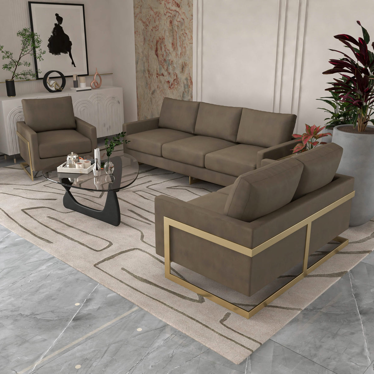 Lincoln 3-Piece Sofa Set Upholstered in Leather/Velvet Accent Chair with Gold Stainless Steel Frame Velvet Dark Grey Sofa Set Leisuremod