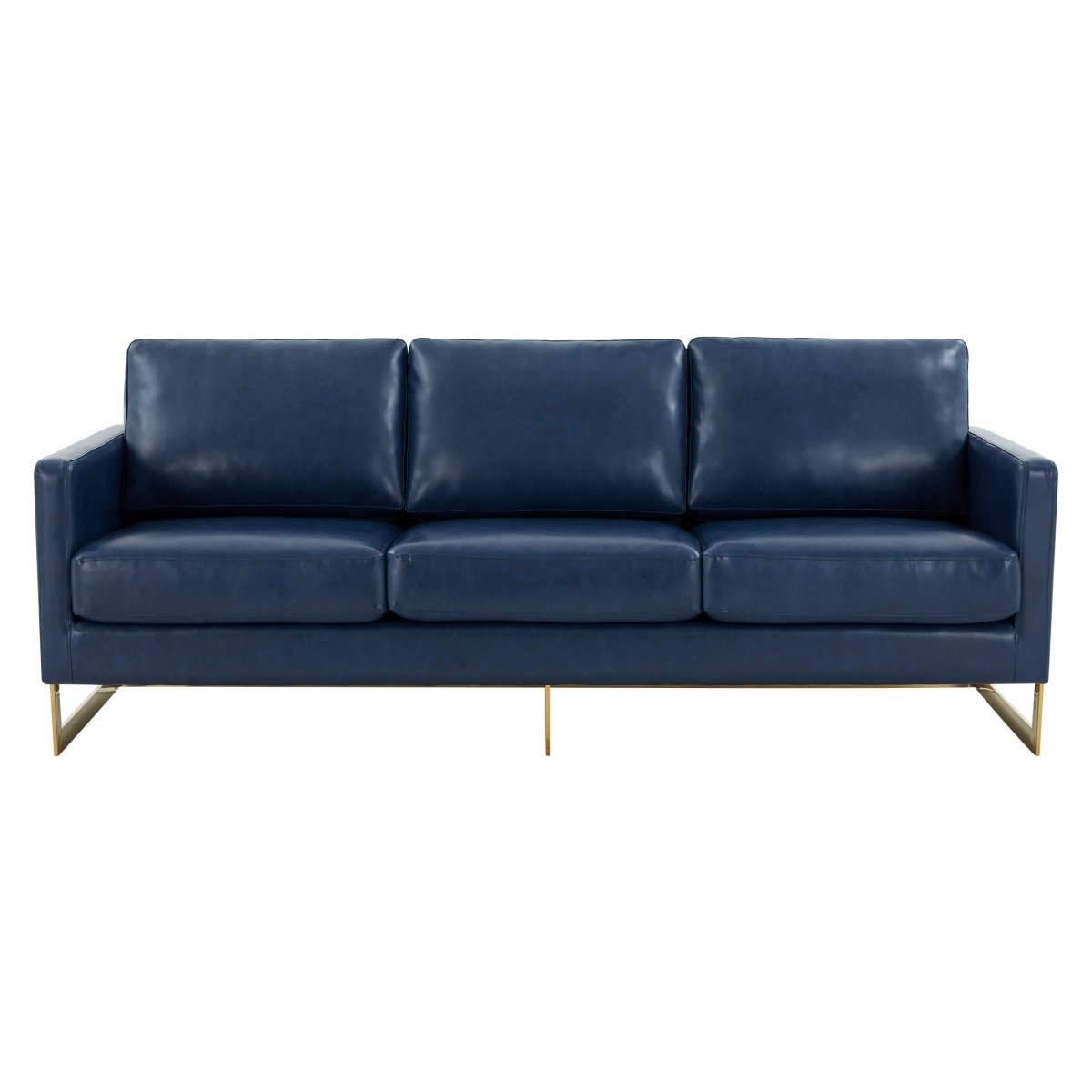 Lincoln 3-Seater Sofa Upholstered in Velvet/Leather with Black/Silver/Gold Steel Base Leather Gold Blue Sofa LeisureMod