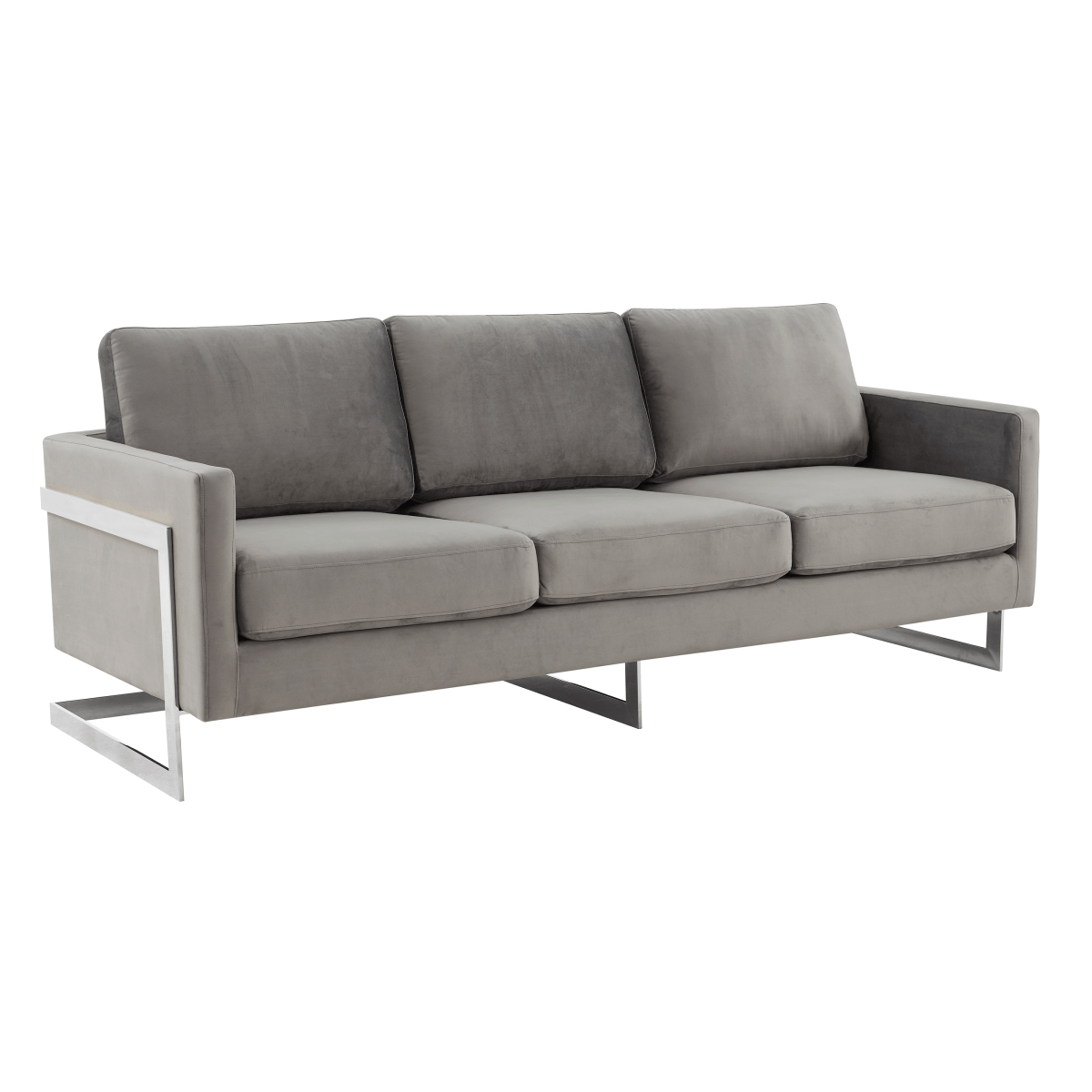 Lincoln 3-Seater Sofa Upholstered in Velvet/Leather with Black/Silver/Gold Steel Base Velvet Silver Light Grey Sofa LeisureMod